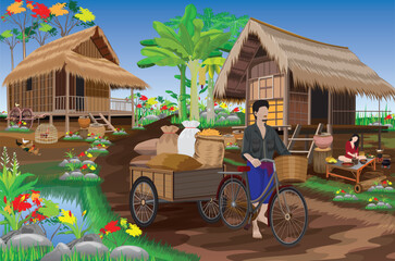 worker are riding bicycles with sidecars.lifestyle of people at countryside vector design
