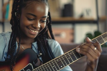 Fototapeta premium Smiling African American teenage girl playing electric guitar in modern living room Leisure activities talent