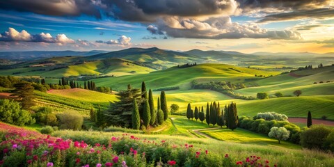 Tuscan Sunset Landscape - Rolling Hills, Cypress Trees, Vibrant Flowers, Italy , Tuscany , landscape , nature