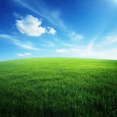 Obraz premium Vibrant green field under a bright blue sky with scattered clouds, depicting a serene and sunny atmosphere.