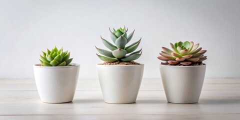 Fototapeta premium Three Succulents in White Pots on a Light Wood Table, Succulents , Plants , Home Decor , Minimalism