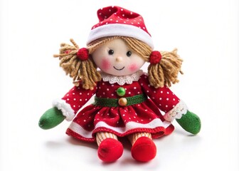 Rag doll isolated on a white background. Christmas-themed doll idea.