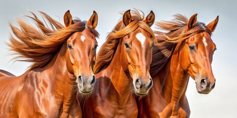 Three Chestnut Horses With Windblown Mane, Photography, Close Up, Portrait , horse, horses, equine