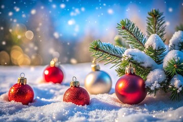 Obraz premium Baubles On Snow With Snowy Christmas Tree