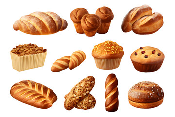 Set of various sweet breads Slices and bakery or pastries, isolated cartoon vector set of bakery products translucent background