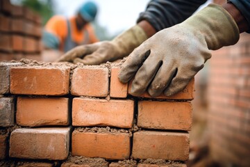 Close-up of a worker's hands stacking bricks on a construction site showcasing skilled masonry.