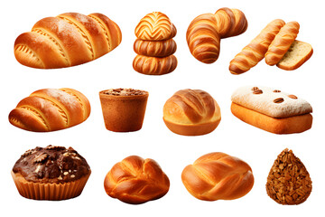 Set of various sweet breads Slices and bakery or pastries, isolated cartoon vector set of bakery products translucent background
