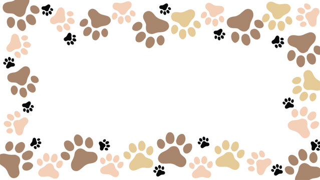Animals Footprint Border Frame. Copy space background with pet foot. Animal or pet theme seamless pattern backdrop.