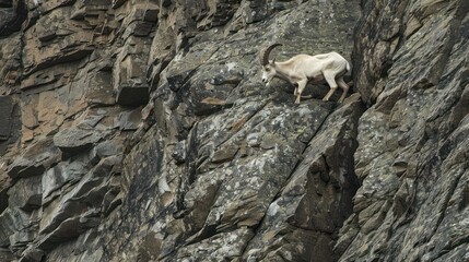 Fototapeta premium A Wild Mountain Goat Scaling a Rocky Cliff