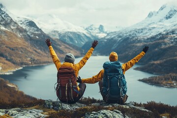 Couple friends giving five hands traveling outdoor hiking in Norway mountains adventure lifestyle positive emotions concept family together on journey, Generative AI - Powered by Adobe