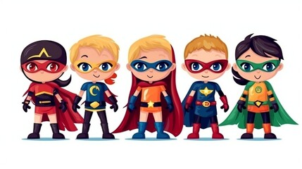 Children dressed up in superhero costumes, ready for action cartoon 2d, kids