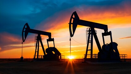Silhouetted oil rigs against vibrant sunset