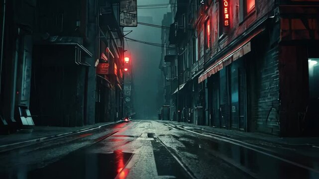 Video footage of dimly lit urban street at night, wet from recent rain, with reflections of red neon lights on the pavement.