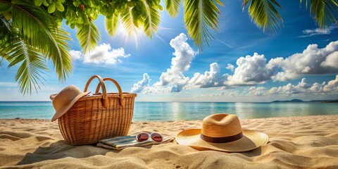 Summer Beach Essentials Wicker Basket, Sun Hat, and Sunglasses on Sandy Shore, beach , summer , vacation , tropical