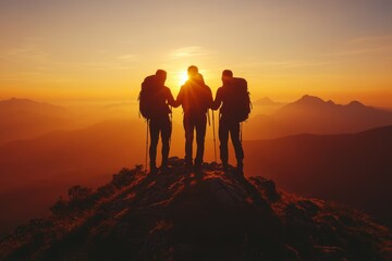Obraz premium Caucasian friends hiking on top of mountain at sunset silhouette hugging each other, Generative AI