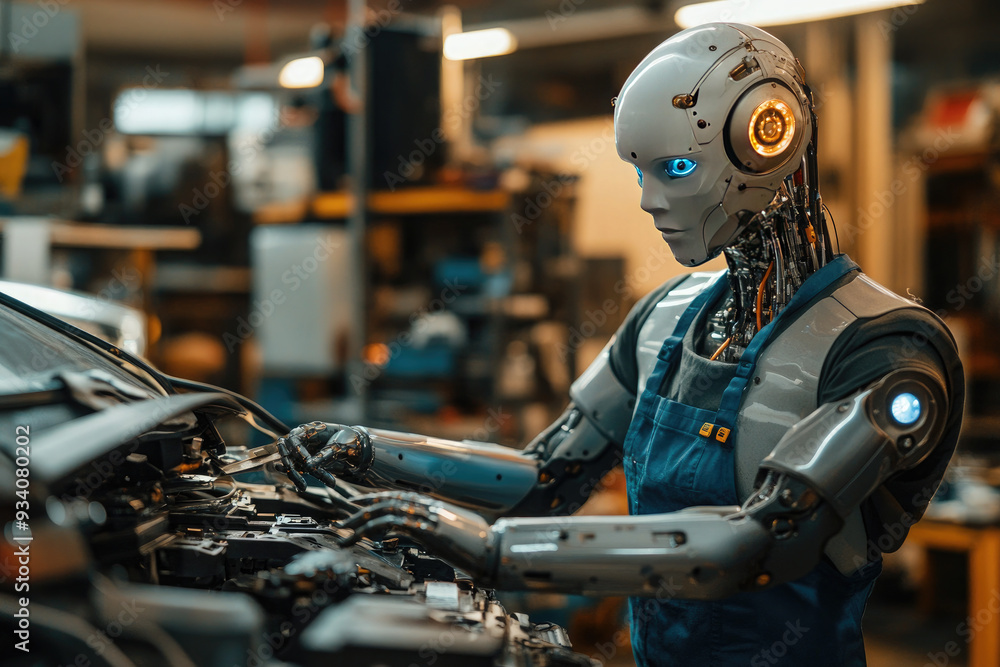 Poster a futuristic robot of the future works on a car part, demonstrating automation in the auto industry 