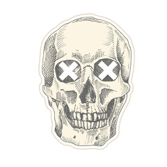 Vintage sticker human skull with white crosses. Art collage Zine Culture style. Hipster barber shop concept. Tattoo, t-shirt design Realistic hand drawn sketch. Skeleton head Vector illustration.