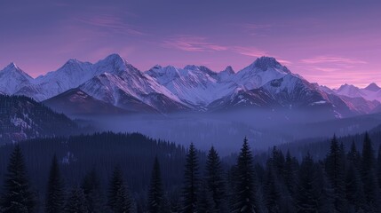 Obraz premium The first light of dawn casting a soft purple hue over snow-capped mountain peaks, contrasted by a dark, dense forest below.
