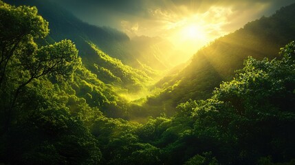 A stunning landscape featuring a lush green valley illuminated by the golden rays of sunrise, surrounded by majestic mountains.