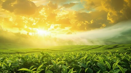 Obraz premium The first rays of the sun hitting a misty tea farm, with the sky a vibrant yellow and dramatic clouds adding depth to the scene.