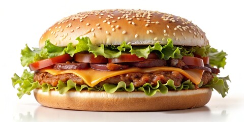 Sesame Seed Bun Burger with Lettuce, Tomato and Cheese, Burger, Food, Fast Food, Delicious