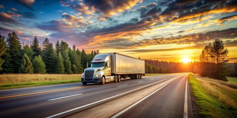 Semi-Truck on Highway at Sunset, golden hour, trucking, landscape, road trip