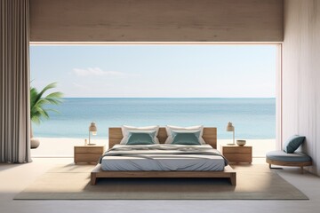 Fototapeta premium Modern Minimalist Bedroom with Ocean View - Tropical Getaway