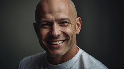 Obraz premium A bald man smiles warmly in a well-lit indoor setting, showcasing joy and approachability during a casual moment