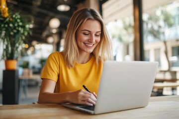 Young woman in a bright yellow shirt working on a laptop in a modern, bright, and airy cafe with greenery.