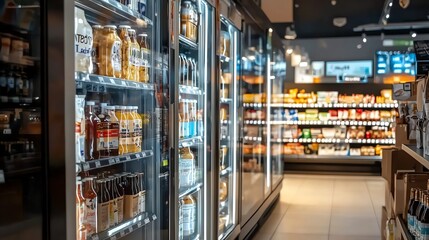 A vibrant supermarket aisle showcasing a variety of chilled beverages in glass-front refrigerators under bright lights.