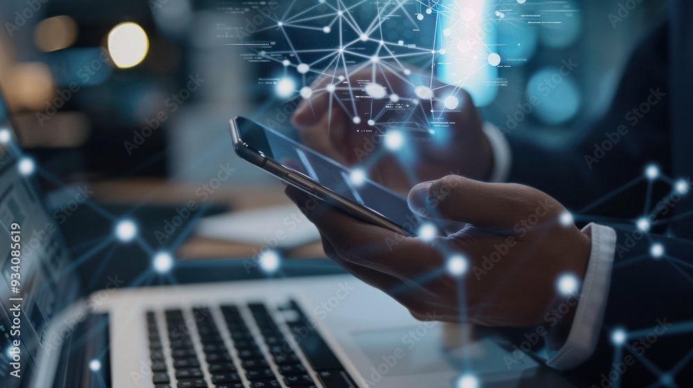 Poster businessman using smartphone with network connection