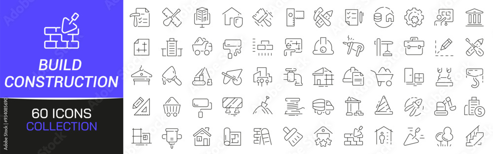 Poster Build and construction line icons collection. Thin outline icons pack. UI icon collection. Set of line web pictogram