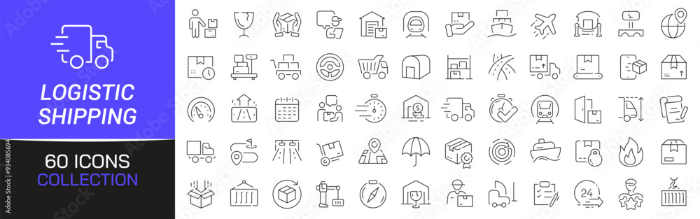 Poster logistics and shipping line icons collection. thin outline icons pack. ui icon collection. set of li