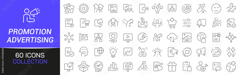 Aufkleber promotion and advertising line icons collection. thin outline icons pack. ui icon collection. set of