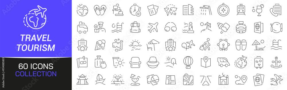 Poster Travel and tourism line icons collection. Thin outline icons pack. UI icon collection. Set of line web pictogram