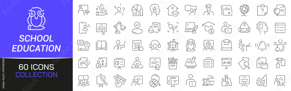 Poster school and education line icons collection. thin outline icons pack. ui icon collection. set of line