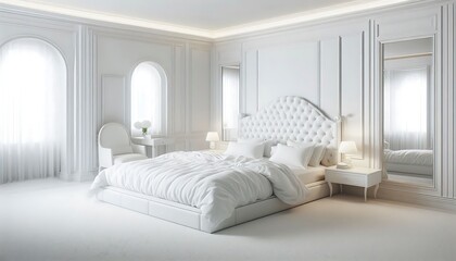 a bedroom with a white bed and a white headboard