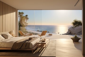 Fototapeta premium Modern Beachfront Bedroom with Ocean View