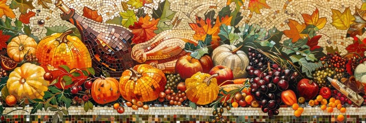 mosaic style illustration depicting a Thanksgiving scene, using small colorful tiles to form images of harvest, feasting, and seasonal elements