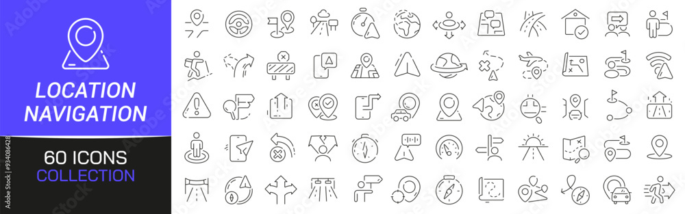 Poster location and navigation line icons collection. thin outline icons pack. ui icon collection. set of l