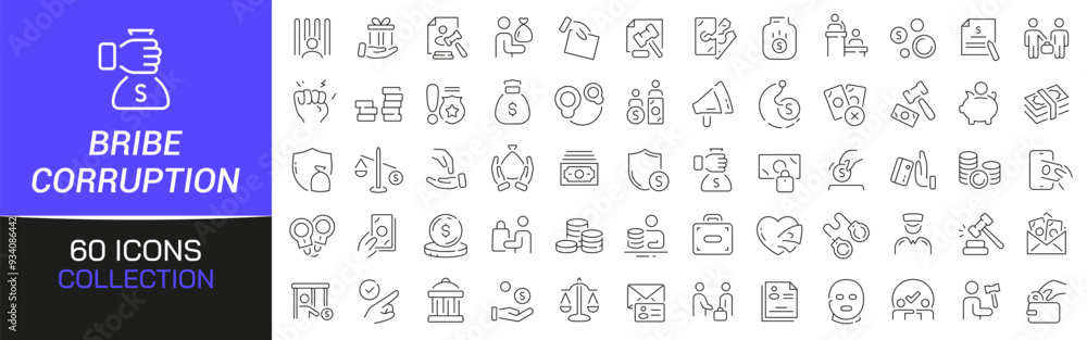 Poster Bribe and corruption line icons collection. Thin outline icons pack. UI icon collection. Set of line web pictogram
