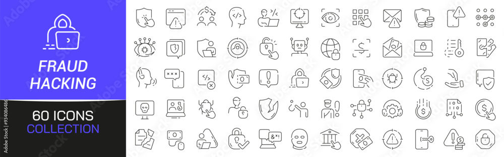 Leinwandbilder Fraud and hacking line icons collection. Thin outline icons pack. UI icon collection. Set of line web pictogram