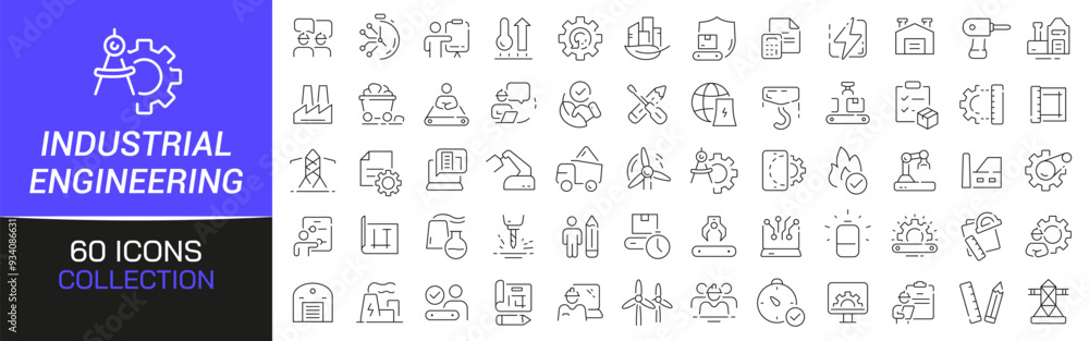 Poster industrial and engineering line icons collection. thin outline icons pack. ui icon collection. set o