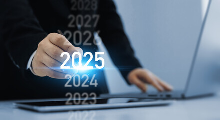 Development business plan in 2025. Businessman choose on a virtual screen 2025.Business plan in...