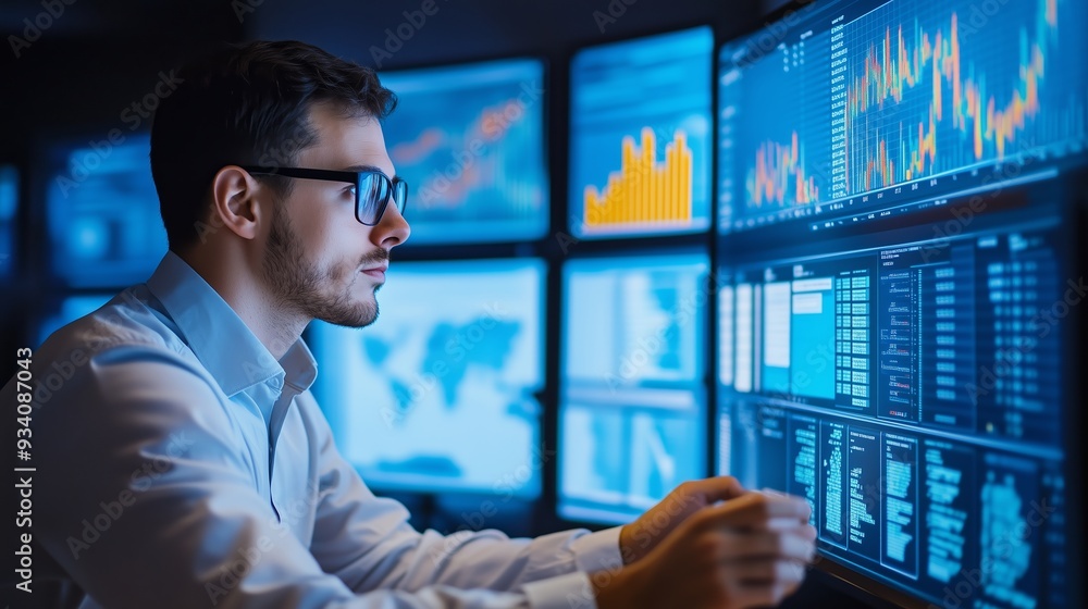 Poster a data analyst monitors financial trends on multiple screens in a dimly lit office environment durin