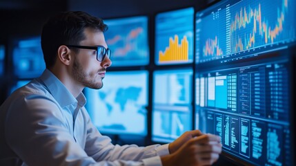 A data analyst monitors financial trends on multiple screens in a dimly lit office environment during evening hours