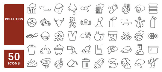 Set of 50 line icons related to pollution, car exhaust, carbon dioxide, waste, sewage, dust, noise, net zero, mask, smog, Editable stroke. Vector illustration