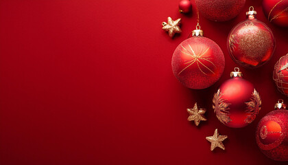 Red Christmas background with fir branches, lights and decorations .
