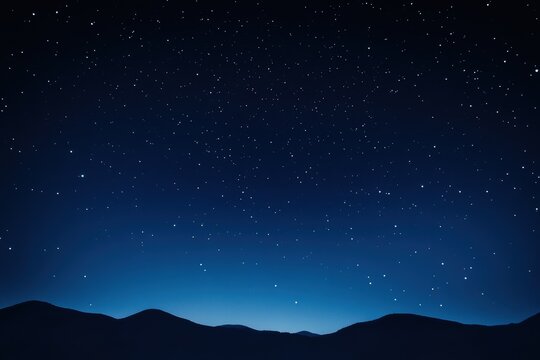 A serene night sky filled with stars over a silhouette of mountains. The main colors are deep blue and black.