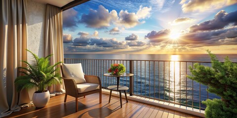 Oceanfront Balcony Sunset, 3D Rendering, Interior Design, Balcony View, Ocean View